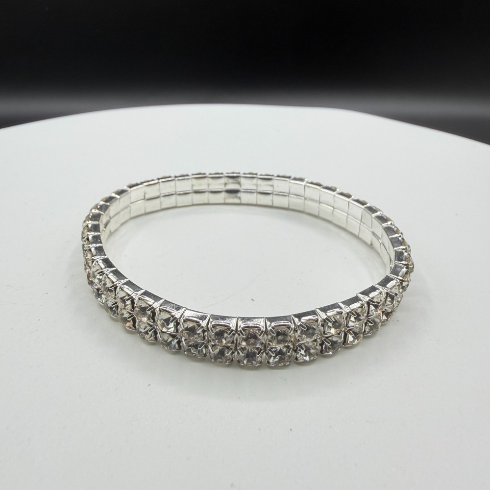 Silver Tone Clear Rhinestone Double Row Stretch Bracelet Glam Statement Jewelry